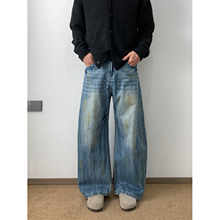 NSEEKE美式弯刀泼墨牛仔裤男款做旧脏脏裤潮牌宽松直筒阔腿长裤子