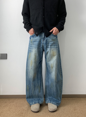 NSEEKE美式弯刀泼墨牛仔裤男款做旧脏脏裤潮牌宽松直筒阔腿长裤子