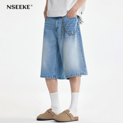 NSEEKE复古扎花水洗牛仔六分裤