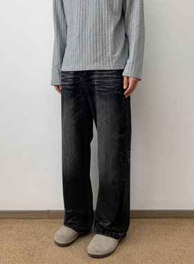 NSEEKE美式复古猫须黑色牛仔裤男款春夏新款宽松直筒阔腿长裤子潮
