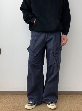 NSEEKE美式复古藏蓝色多口袋褶皱工装裤男纯棉宽松直筒阔腿长裤子