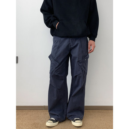 NSEEKE美式复古藏蓝色多口袋褶皱工装裤男纯棉宽松直筒阔腿长裤子