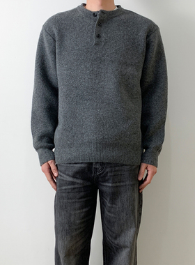 NSEEKE美式复古亨利领毛衣男款春秋季绵羊毛宽松慵懒风圆领针织衫