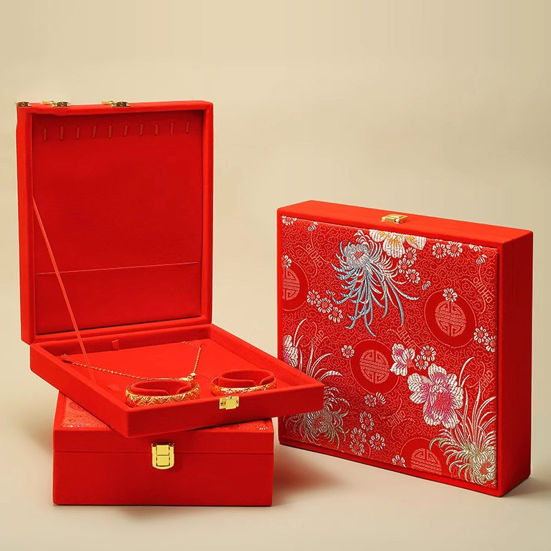 新款结婚三金首饰盒黄金龙凤手镯项链戒指套装盒订婚嫁妆礼品盒