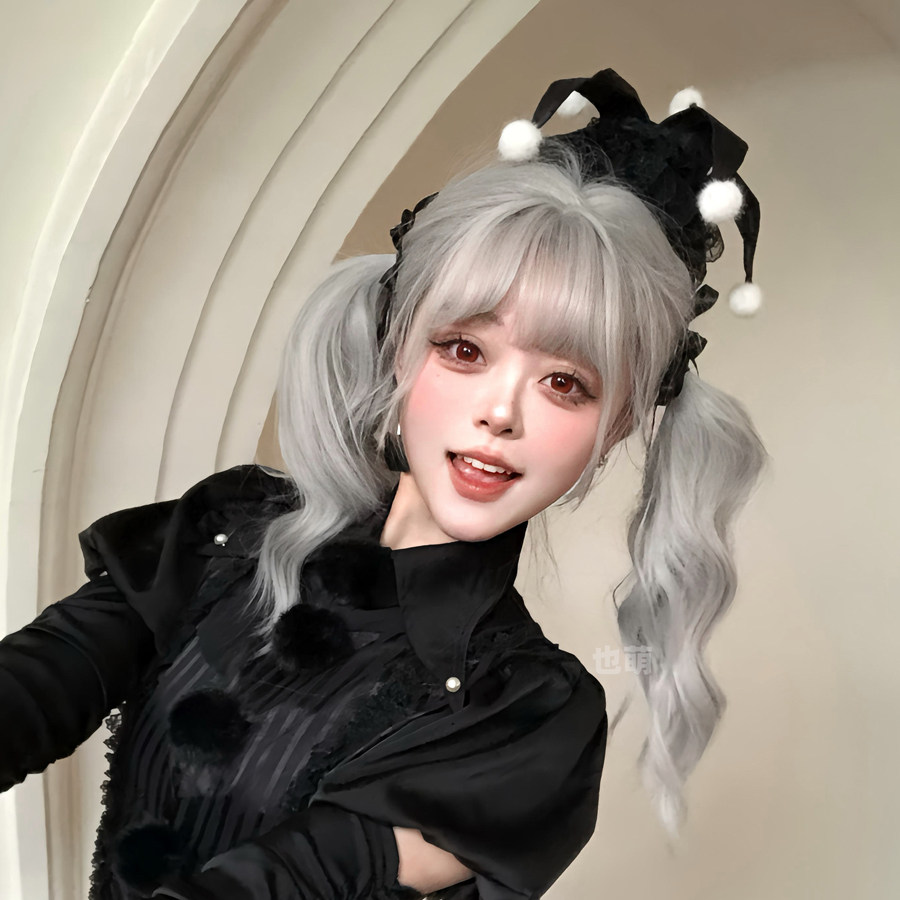 灰色假发女长卷发长发洛丽塔网红甜美可爱JK奶奶灰齐刘海全头套式