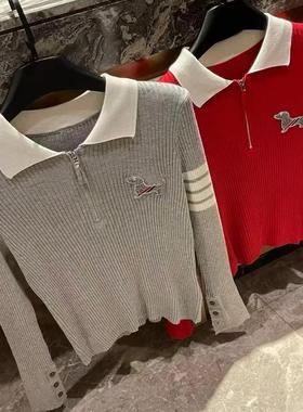 高版本！tb新年红色本命年圣诞节针织衫女polo领绣花小狗毛衫上衣