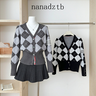 秋冬款经典复古菱格四杠修身显瘦TB学院针织开衫女外穿毛衣小外套