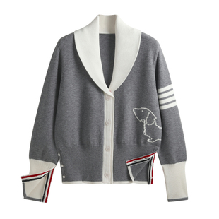 减龄学院风tb四条杠小狗长袖拼色针织海军翻领开衫显瘦毛衣女