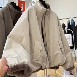 2026新款高级感立领短款工装外套女冬季毛毛内胆仿皮草派克服夹克