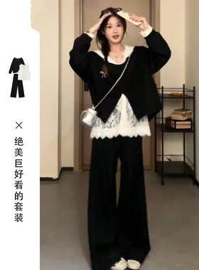黑色早春小个子韩系三件套