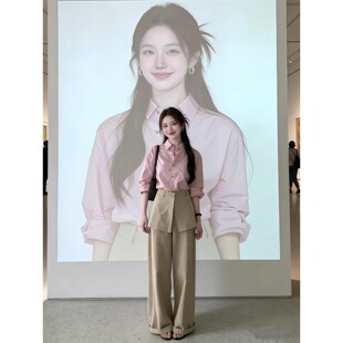 气质一整套ootd穿搭韩系巨好看粉色衬衫阔腿裤两件套装2026春季款