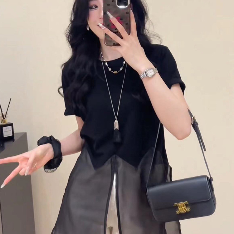 欧货网纱拼接短袖衬衫女20