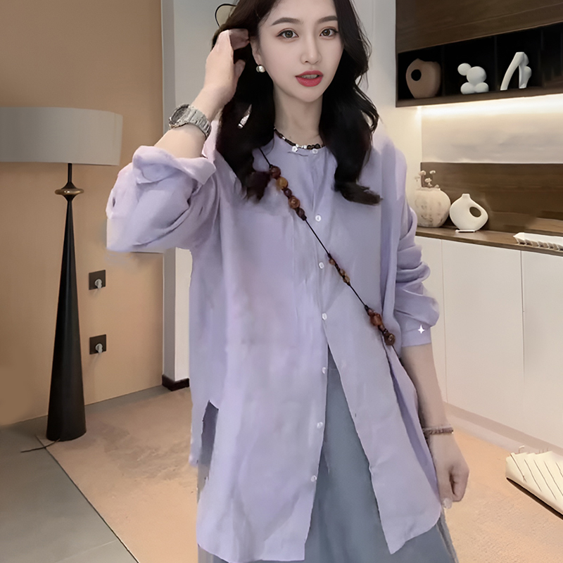 法式气质圆领亚麻长袖防晒