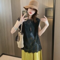 黑色法式无袖蕾丝衫女2025新款夏季小衫轻奢高级感独特绝美小上衣