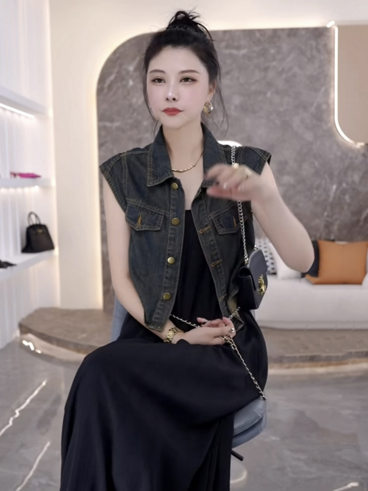 百搭无袖牛仔美式复古气质马夹