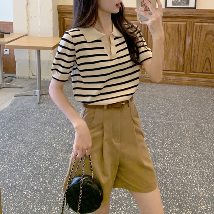 短袖通勤常规其他条纹冰丝夏季