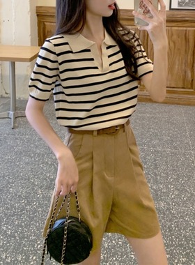 条纹冰丝短袖夏季法式polo翻领小众独特别致正肩t恤女abg绝美上衣