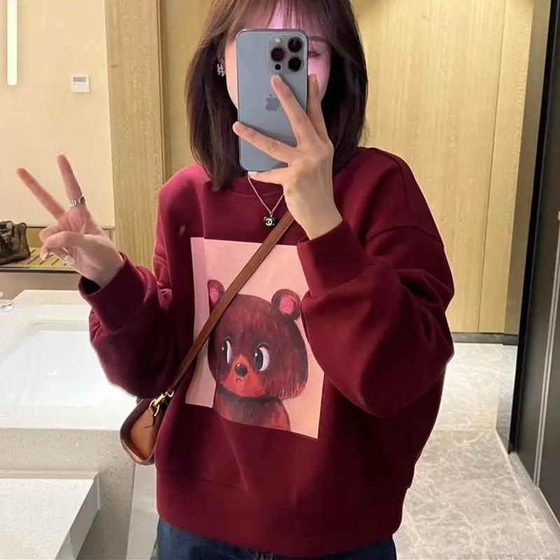设计感小众长袖卫衣女秋冬韩版宽松时尚减龄卡通小熊印花欧货上衣