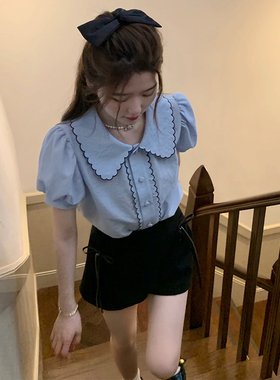 法式泡泡袖蓝色娃娃领短袖衬衫女设计感小众2025新款夏季盐系上衣