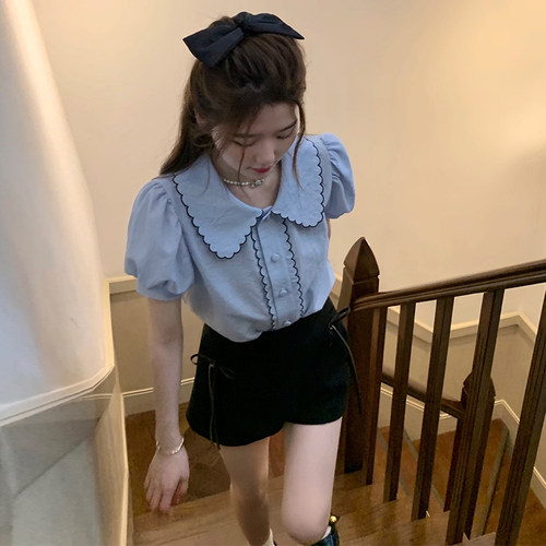 甜美娃娃领法式泡蓝色衬衫