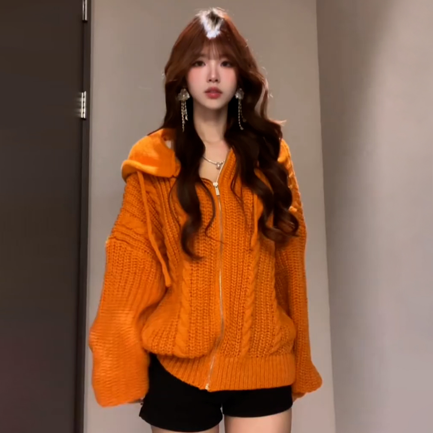 连帽针织拉链开衫外套女春