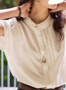法式亚麻提花短袖衬衫女夏季2025新款设计感不对称翻领白色上衣女