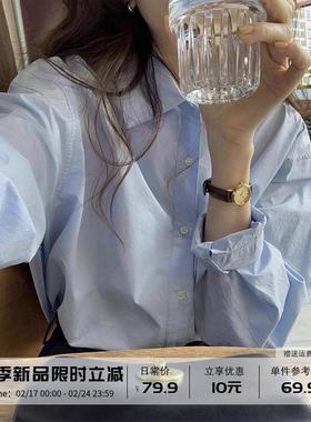 [现货]纯棉蓝色长袖衬衫女2025秋季款小个子韩版宽松休闲衬衣外套