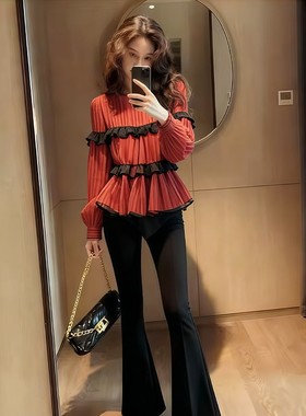 复古港风红色褶皱荷叶边衬衫女秋冬新款气质优雅百搭收腰显瘦上衣