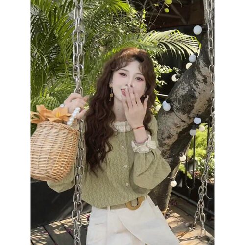 温柔甜绿松茶港风复古衬衫