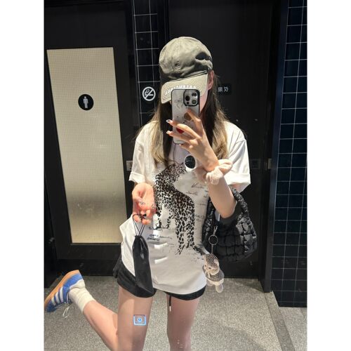 美式豹子印花纯棉短袖白t恤女夏季新款设计感小众韩系超好看上衣