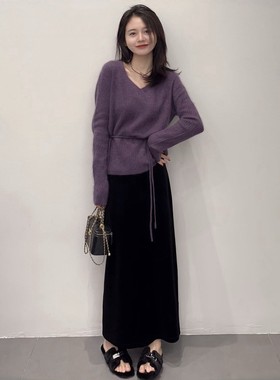 巨好看的秋装一整套韩系慵懒风气质减龄紫色针织毛衣半身裙两件套