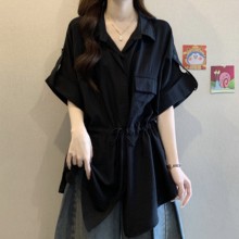 2025新款夏工装短袖衬衫大码女装胖mm黑色中长收腰遮屁股洋气上衣