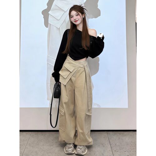 早春韩系黑色上衣长裤女套装