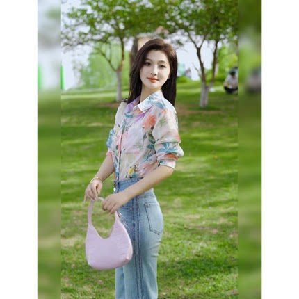 小众设计感翻领碎花短袖雪纺衫女夏季2025新款韩系气质花色衬衣潮
