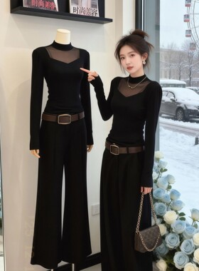 性感网纱拼接半高领黑色打底衫女冬季内搭磨毛加绒长袖t恤上衣潮