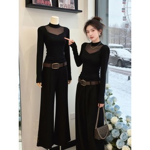 性感网纱拼接半高领黑色打底衫女冬季内搭磨毛加绒长袖t恤上衣潮