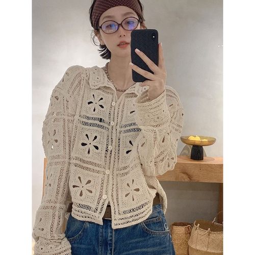 法式复古提花镂空翻领毛衣