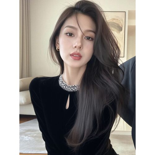 黑色丝绒法式赫本风内搭衬衫女