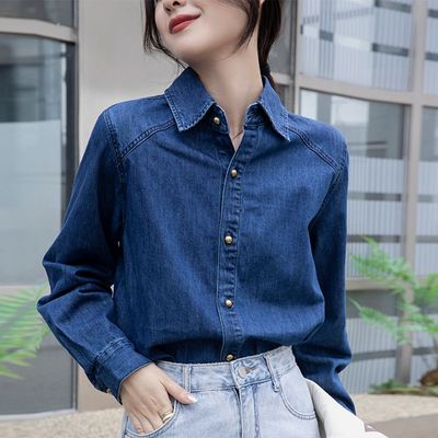 宽松型通勤单排多牛仔衬衫女长