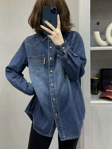 加绒加厚打底牛仔衬衫女秋冬新款设计感休闲复古长袖叠穿内搭上衣