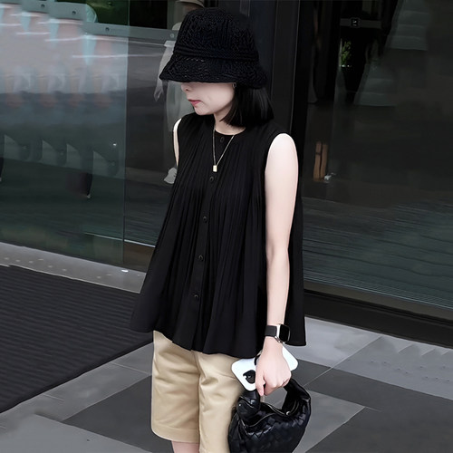 法式高级感黑色褶皱无袖衬