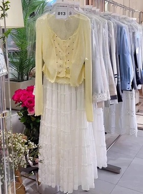 法式纯欲黄色波点吊带防晒开衫白色半裙三件套装女开春穿搭一整套