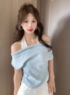 夏季假两件斜肩挂脖显瘦T恤女