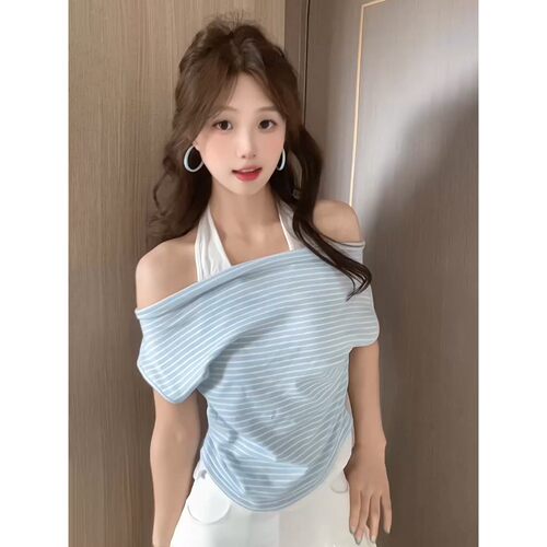 夏季假两件斜肩挂脖显瘦T恤女