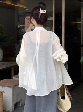 白色冰丝亚麻衬衫女夏季小个子薄款衬衣开衫外套空调衫防晒上衣