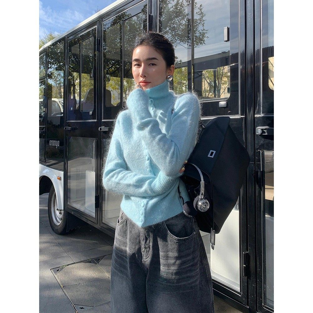 软糯蓝色马海毛高领开衫厚毛衣女秋冬高级感内搭可外穿针织衫上衣