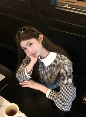 2025独特超好看漂亮法式小个子高级感黑白格纹翻领长袖衬衫女秋季