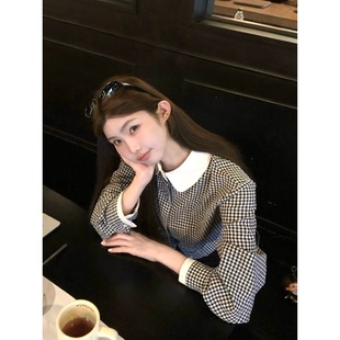 2025独特超好看漂亮法式小个子高级感黑白格纹翻领长袖衬衫女秋季