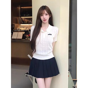 冰丝韩版 t恤女夏季 撞色翻显瘦领翻领上衣 针织短袖 miu系白色polo衫