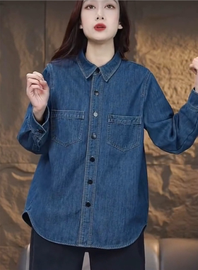 深蓝色复古软牛仔衬衫女加绒内搭叠穿春装2025秋冬新款小个子外套